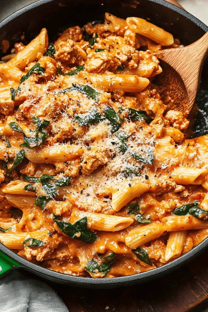 one-skillet cheesy ground chicken pasta recipe