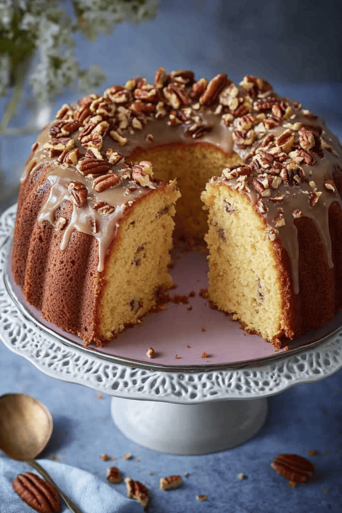 Butter Pecan Pound cake with caramel glaze