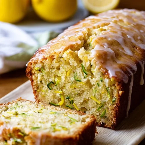 Freshly baked lemon zucchini bread slice on a wooden table