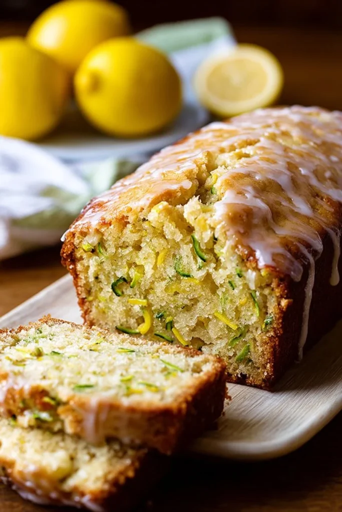 Freshly baked lemon zucchini bread slice on a wooden table