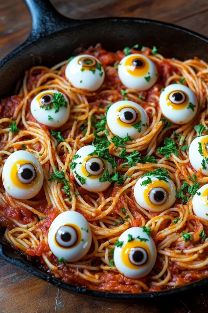 Bloody Spaghetti with Mozzarella Eyeballs