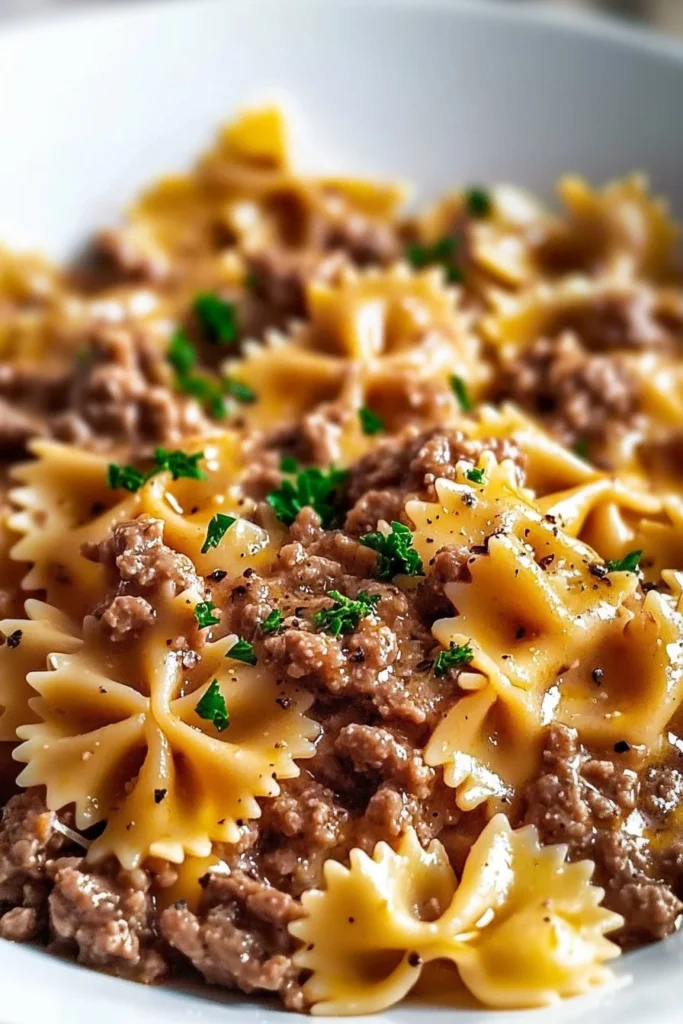 Creamy Parmesan Garlic Beef Bowtie Pasta