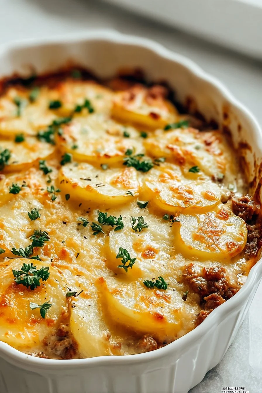 Delicious Hobo Casserole with Ground Beef and Potatoes ready to serve