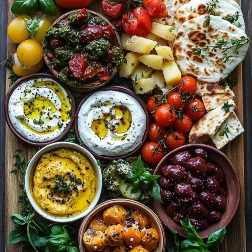 Mediterranean brunch board with fresh fruits, cheeses, and olives.