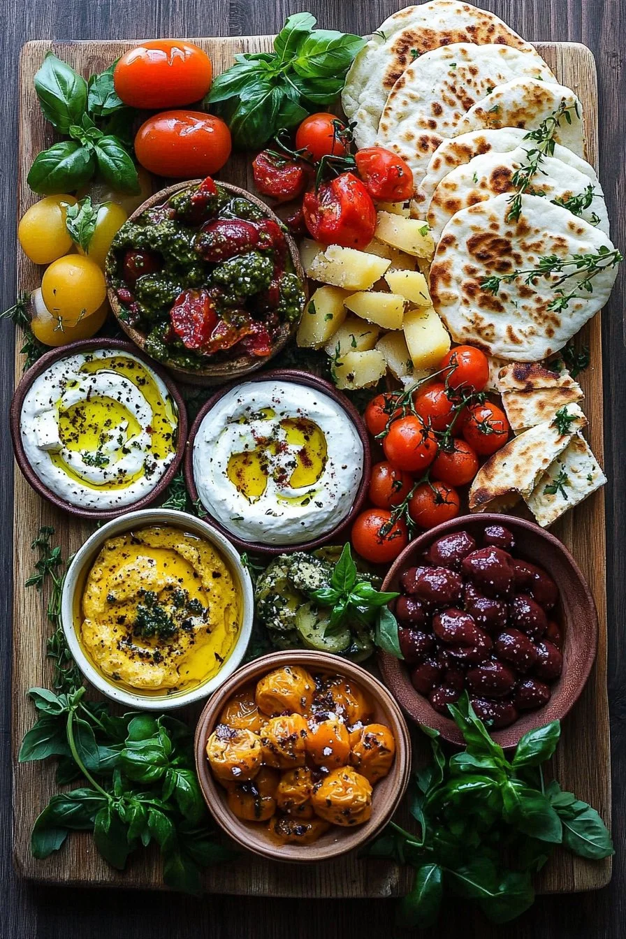 Mediterranean brunch board with fresh fruits, cheeses, and olives.