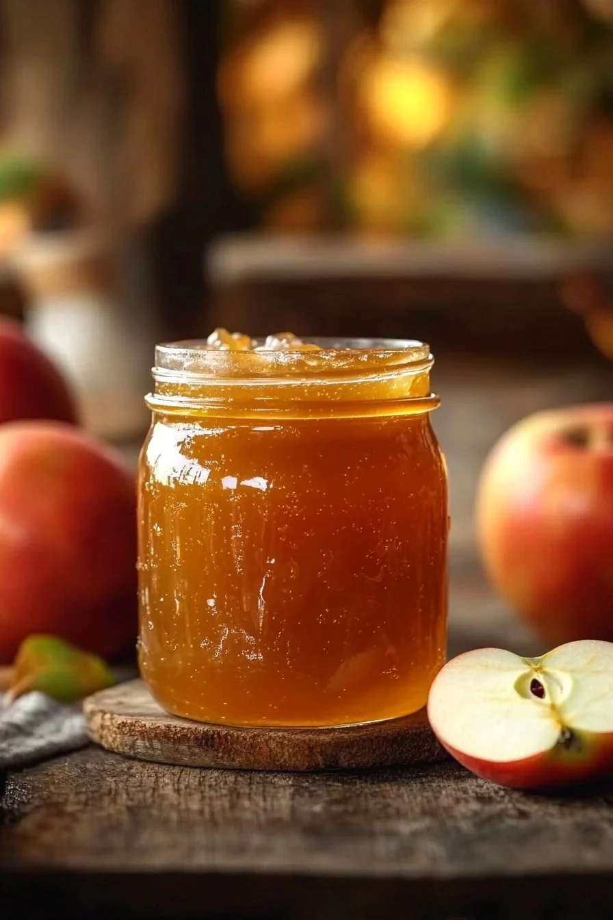 Homemade apple jam in a jar with fresh apples