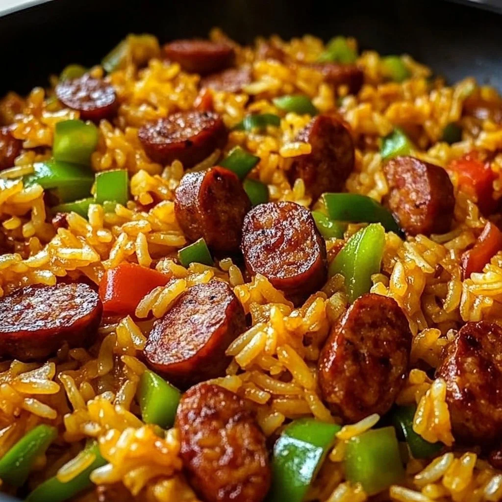 One Pan Sweet and Tangy BBQ Sausage Rice
