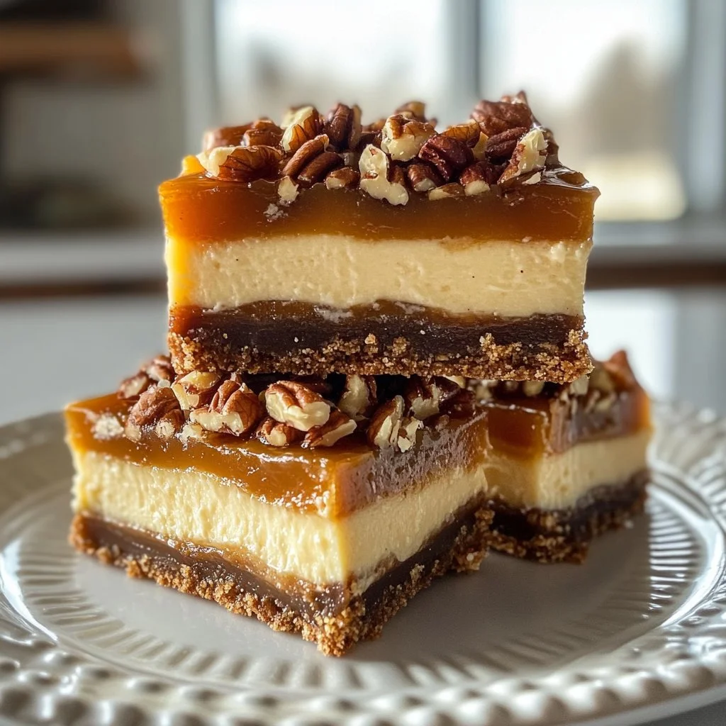 Praline Crumb Caramel Cheesecake Bars