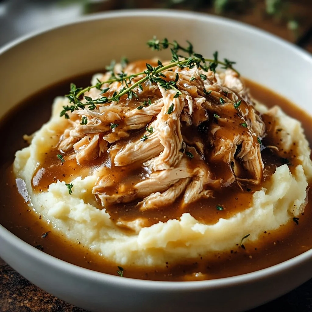 Shredded Chicken Gravy on Mashed Potatoes