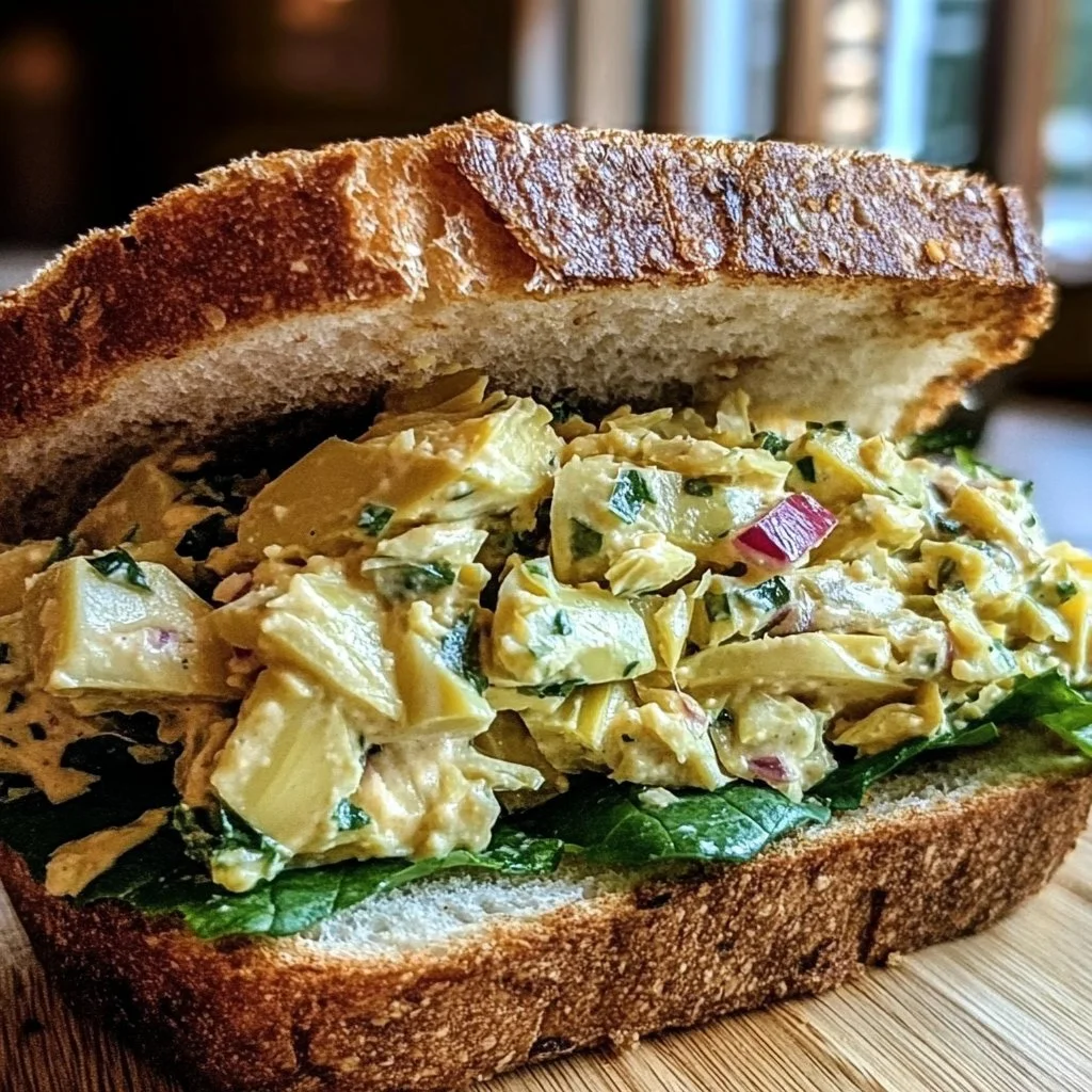 Chopped artichoke salad sandwich served on a rustic wooden table.