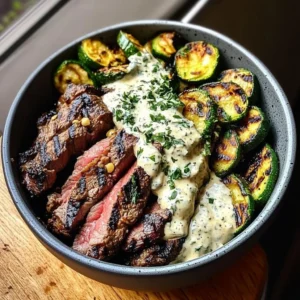 Grilled steak bowl with creamy sauce and grilled zucchini