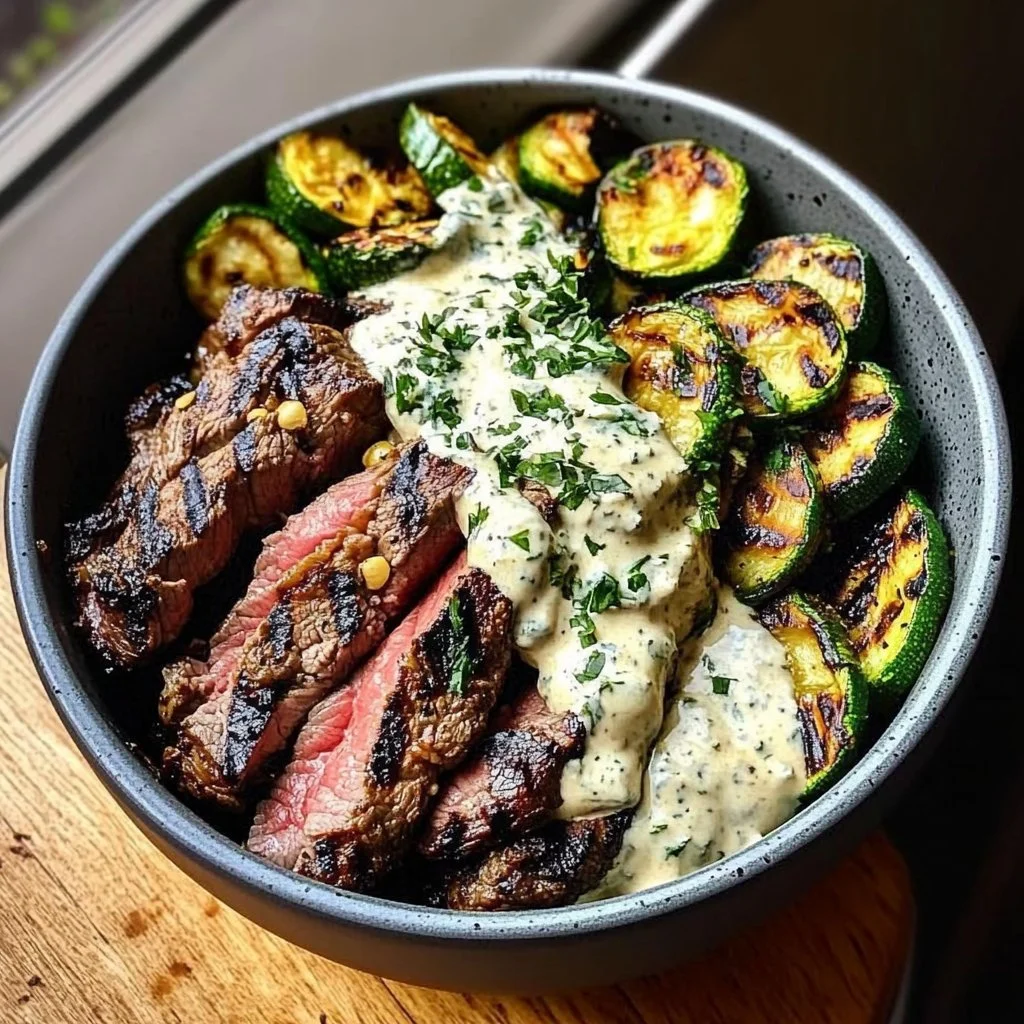 Grilled steak bowl with creamy sauce and grilled zucchini