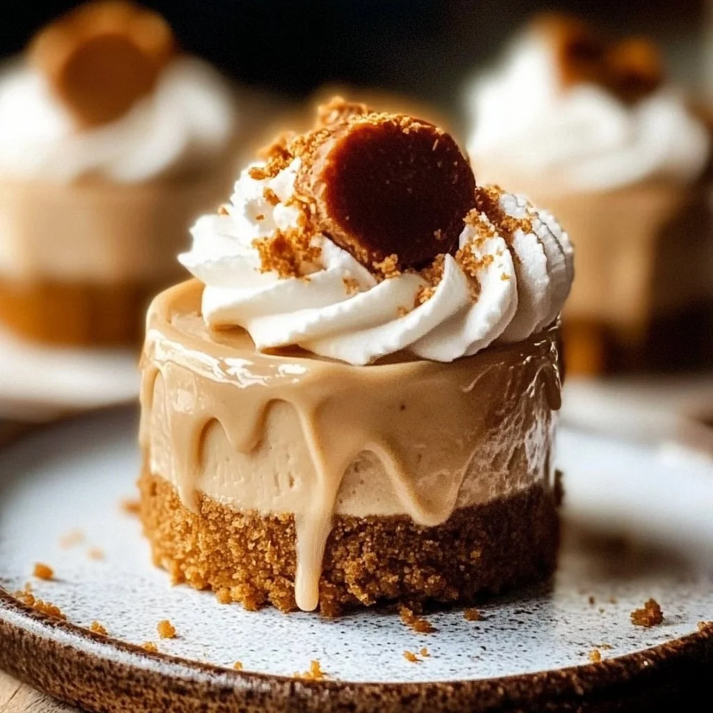 Mini no bake Biscoff cheesecakes topped with cookie crumbs