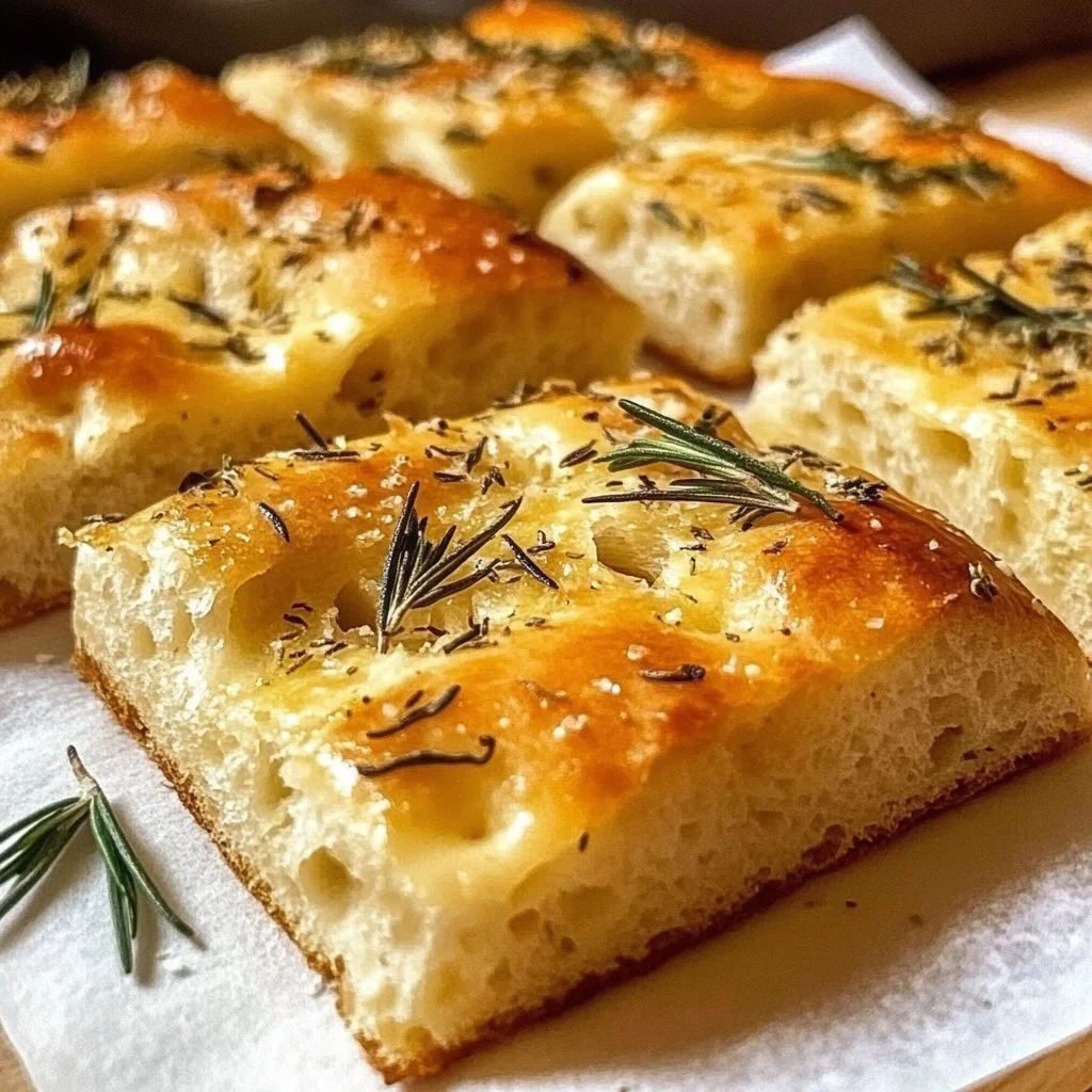 Freshly baked Rosemary Focaccia topped with olive oil and herbs