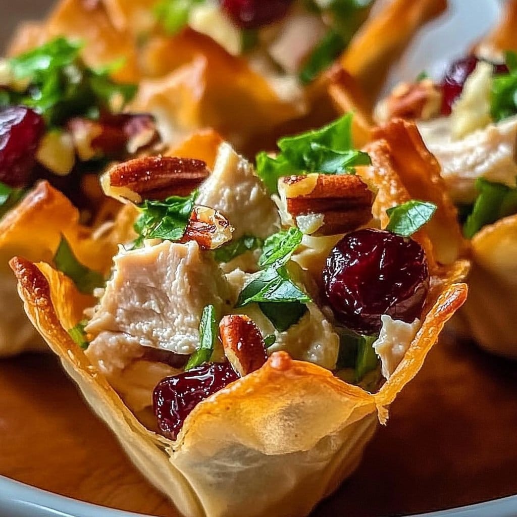 Crispy Cranberry Pecan Chicken Salad Wonton Cups