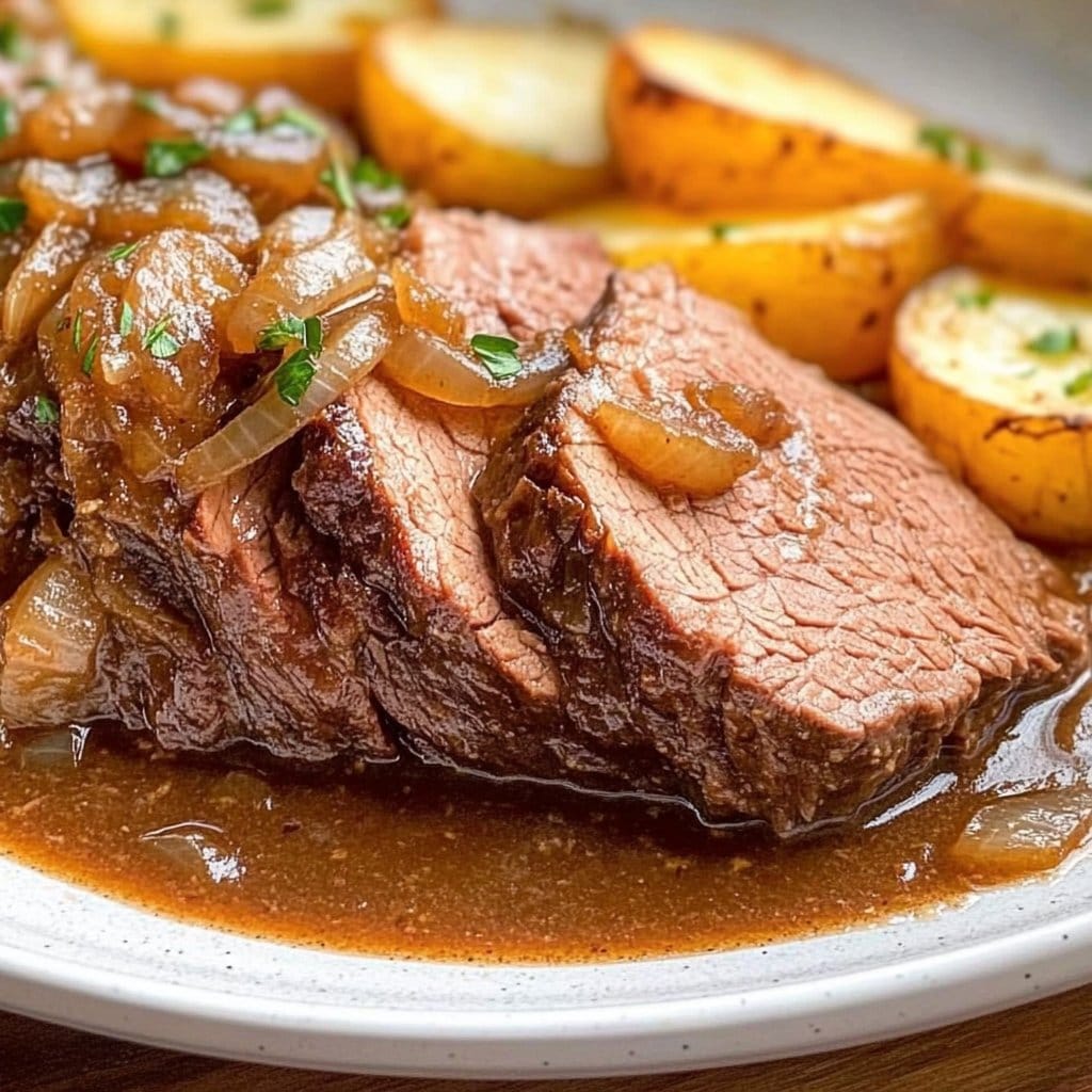 Dutch Oven Pot Roast Beef With French Onion Gravy