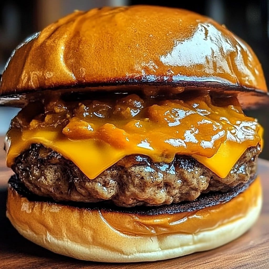 Enjoy the Savory Pumpkin Chili Cheese Burger with Spicy Maple Drizzle!