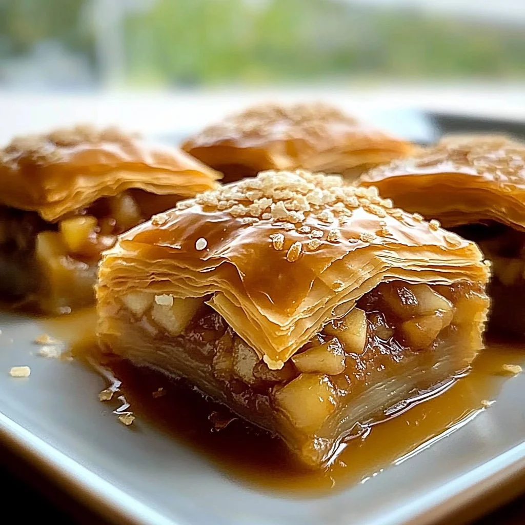 Slice of apple pie baklava drizzled with maple syrup on a white plate