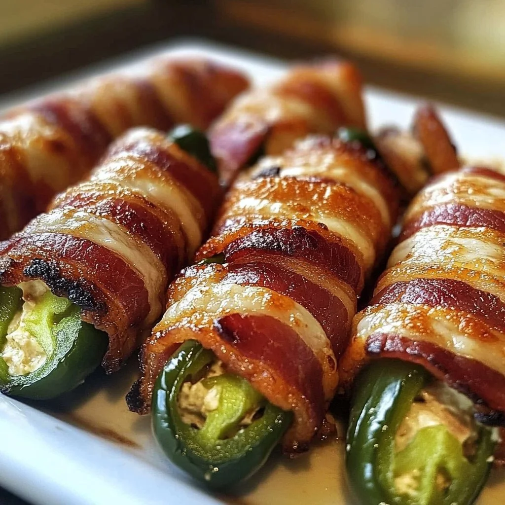 Plate of delicious Bacon Wrapped Jalapeños garnished with herbs