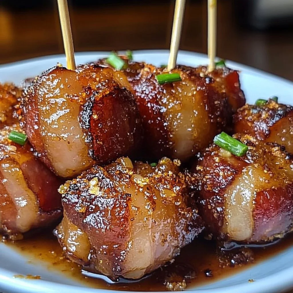 Plate of crispy bacon wrapped water chestnuts ready to serve