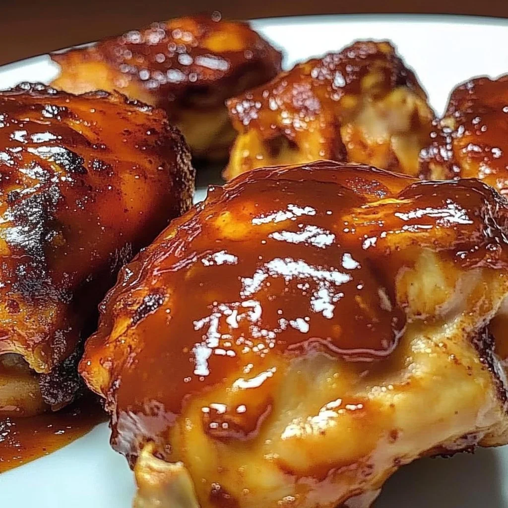 Baked BBQ chicken thighs garnished with herbs and spices on a serving platter