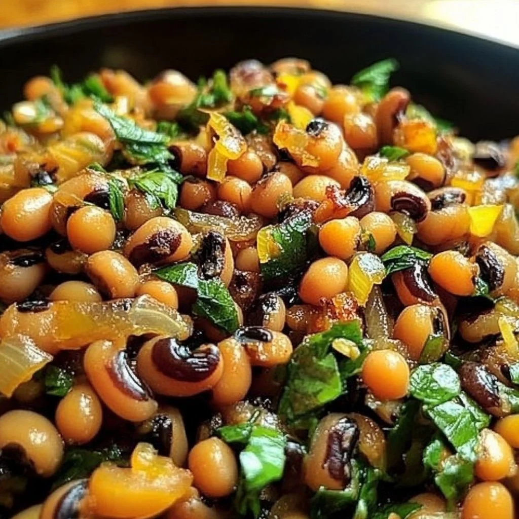 Baked black-eyed peas served in a bowl with herbs and spices.