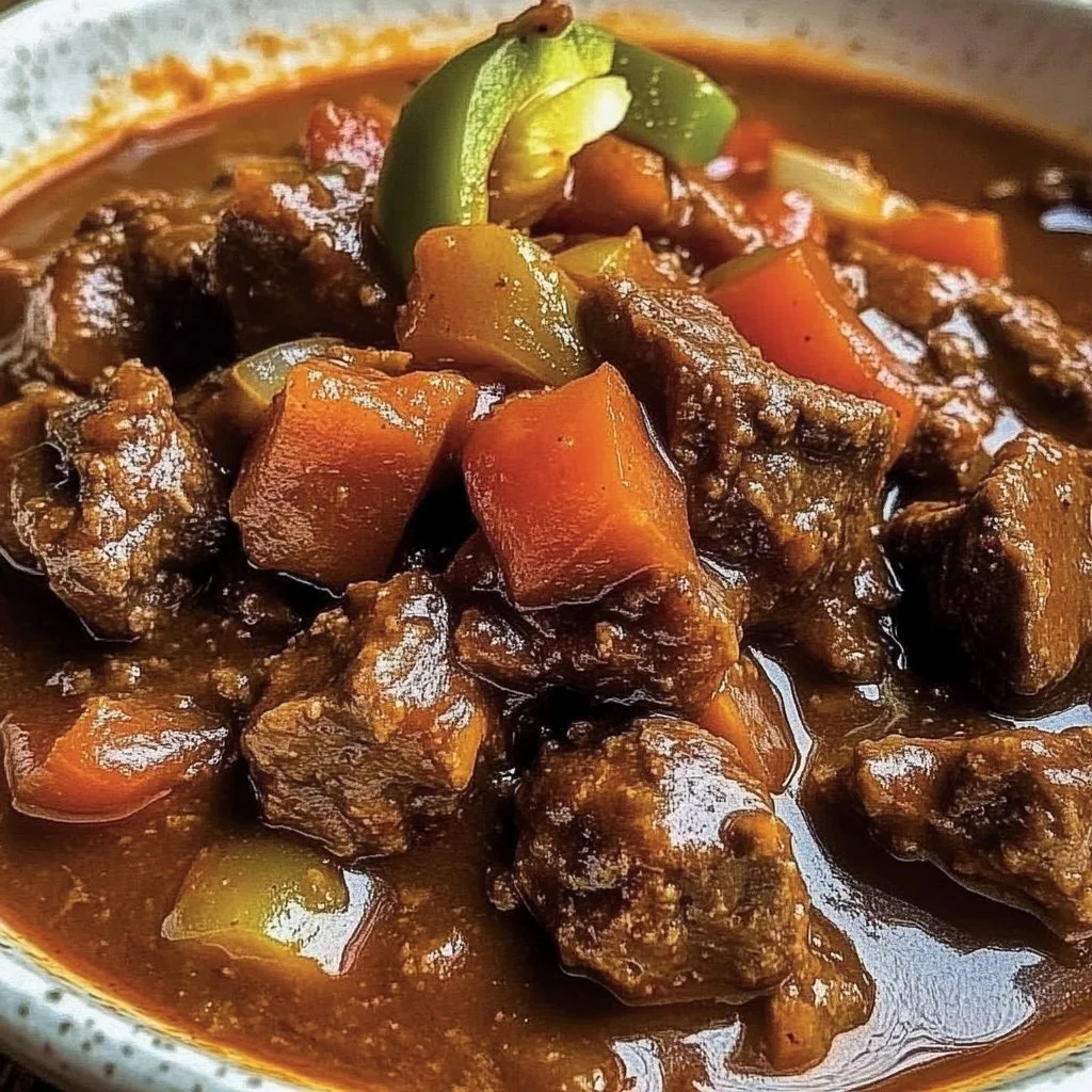 Delicious Beef Chile Colorado dish garnished with fresh herbs