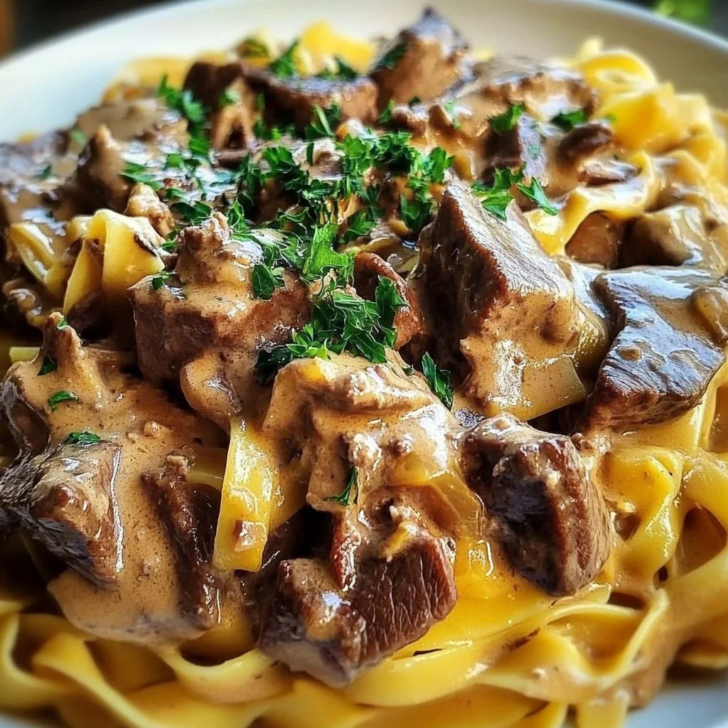 Delicious Beef Stroganoff served with egg noodles and garnished with parsley.