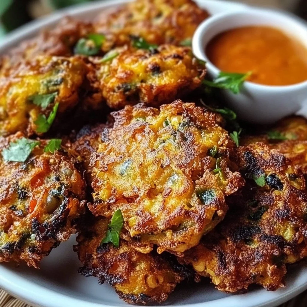 Golden brown black eyed pea fritters served on a plate with dipping sauce