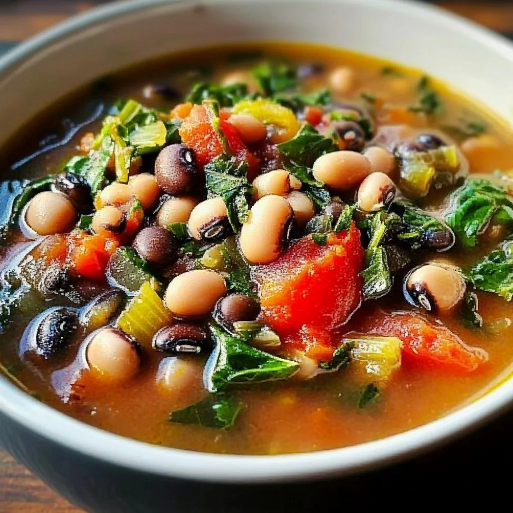 Bowl of Black Eyed Pea Vegetable Soup with fresh vegetables and herbs