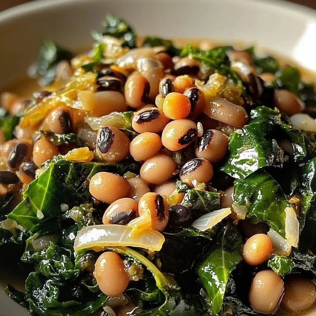 Healthy dish featuring black eyed peas and greens, rich in nutrients.