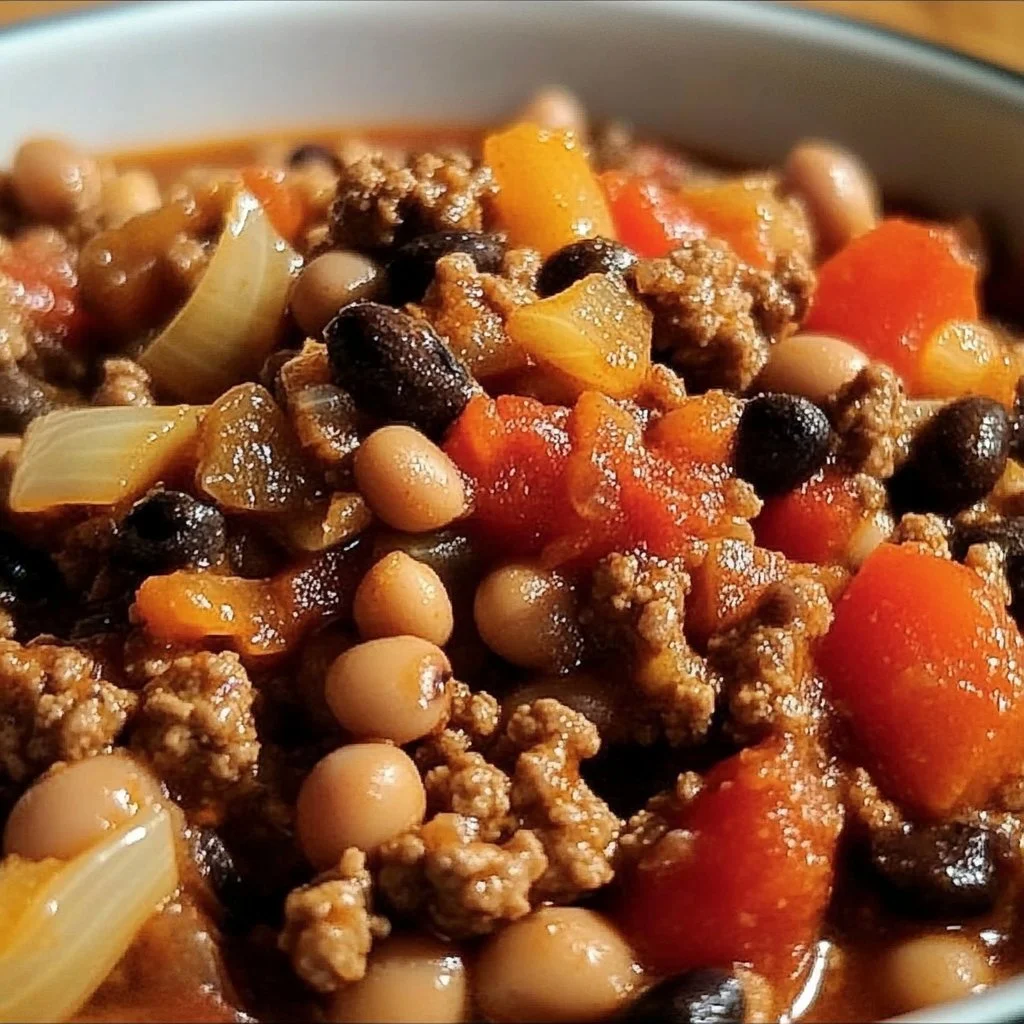 A bowl of black eyed peas and ground beef mixed with spices and vegetables