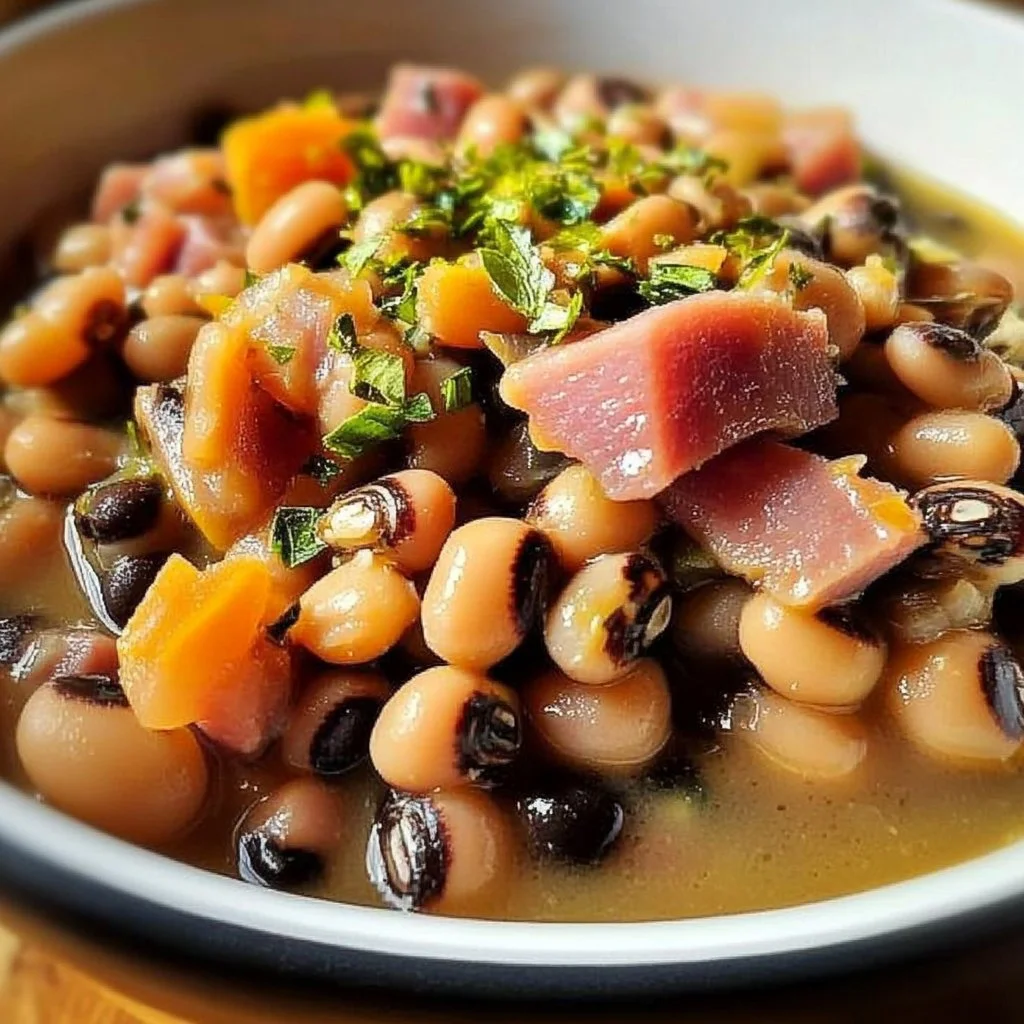 A hearty bowl of Black Eyed Peas and Ham, garnished with herbs.