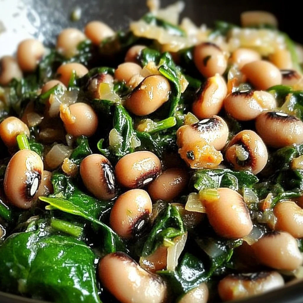 A nutritious dish featuring black eyed peas and fresh spinach, highlighting their vibrant colors.