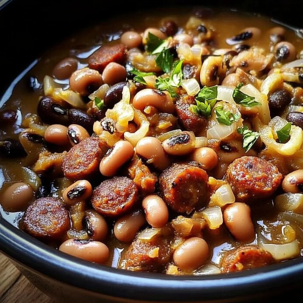 Delicious Black Eyed Peas Sausage recipe garnished with fresh herbs.