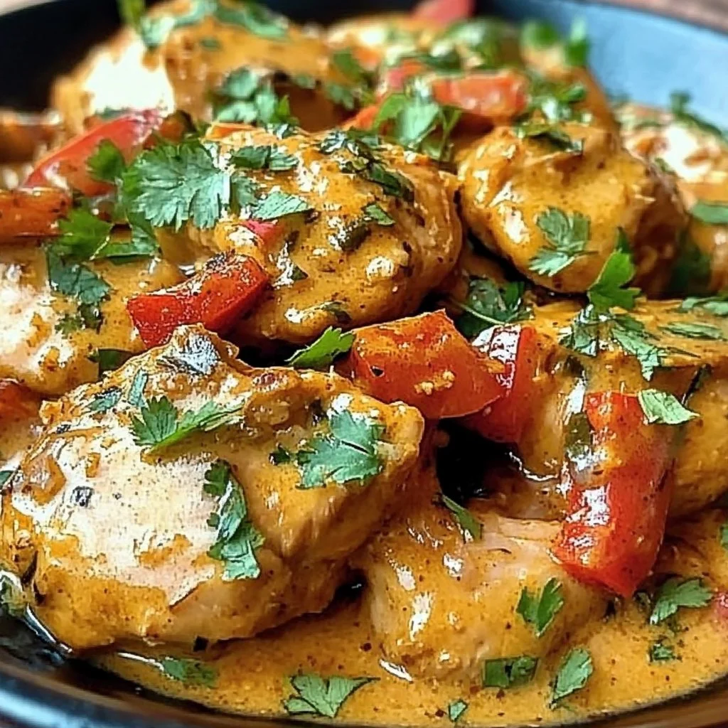 Plate of Brazilian Coconut Chicken garnished with herbs and spices
