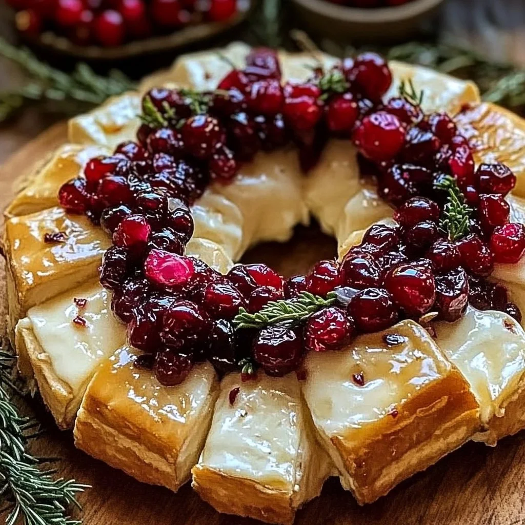 Brie cheese and cranberry wreath for Christmas appetizer decoration