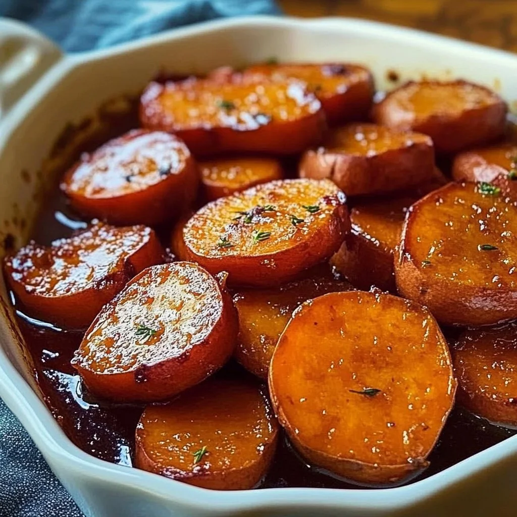 A serving of delicious candied sweet potatoes topped with marshmallows and syrup.
