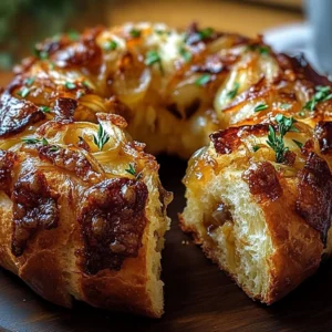 Caramelized onion and Gruyère stuffed bread wreath on a wooden table