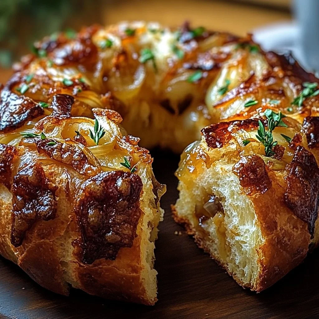 Caramelized onion and Gruyère stuffed bread wreath on a wooden table
