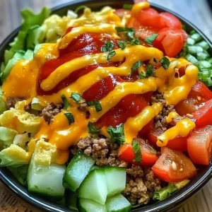 A colorful bowl featuring cheeseburger ingredients with a healthy twist.