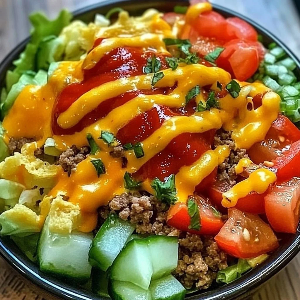 A colorful bowl featuring cheeseburger ingredients with a healthy twist.