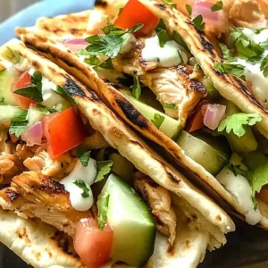 Delicious Chicken Pitas served with fresh vegetables and flavorful sauces