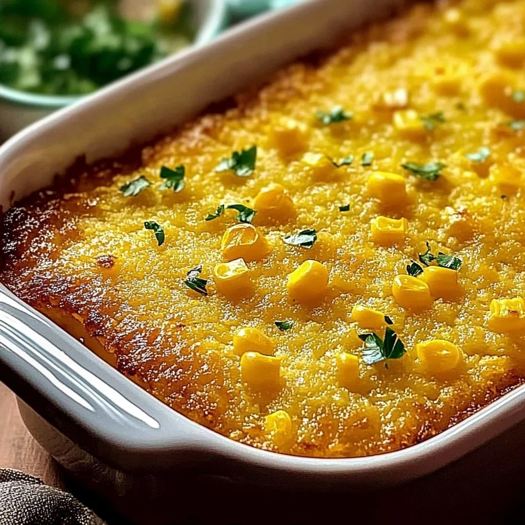 Delicious classic corn casserole served in a dish with a golden crust