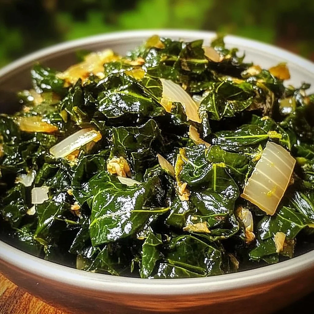 Fresh collard greens leaves on a wooden cutting board.