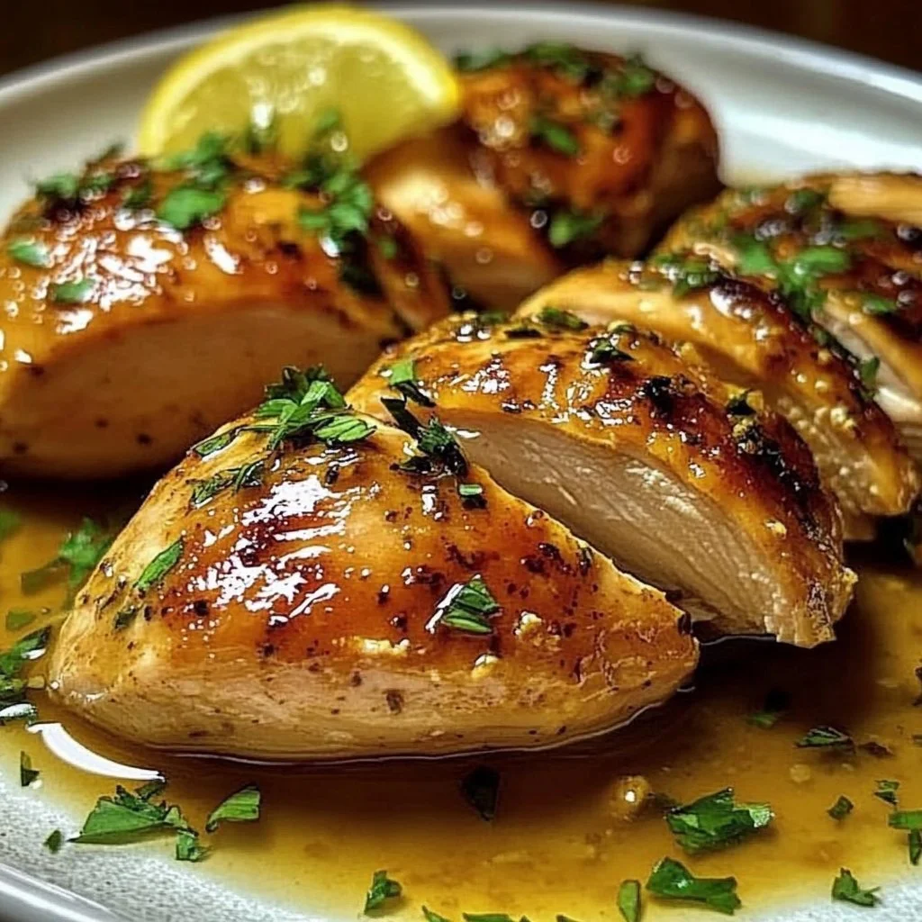 Delicious Cowboy Butter Lemon Chicken garnished with fresh herbs and lemon slices.