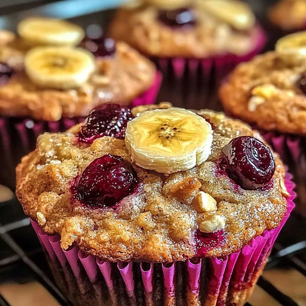 Freshly baked Cranberry Banana Muffins on a wooden table