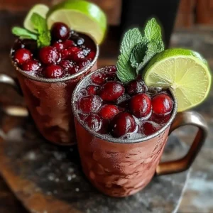 Cranberry Moscow Mule cocktail served in a copper mug with fresh cranberries and lime.