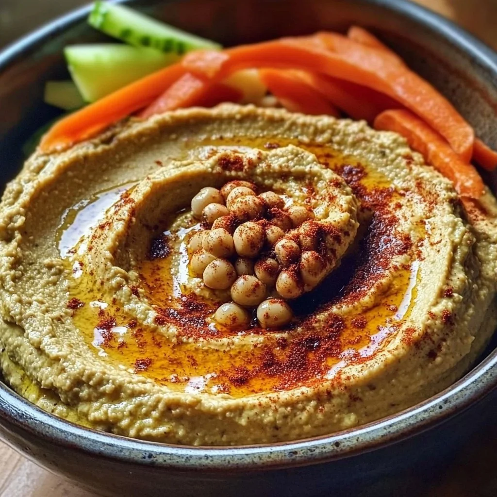 Creamy black eyed pea hummus served in a bowl with fresh vegetables