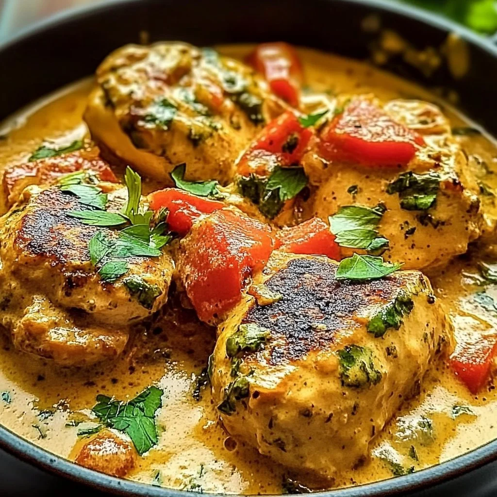 Creamy coconut milk chicken served in a bowl with herbs and spices